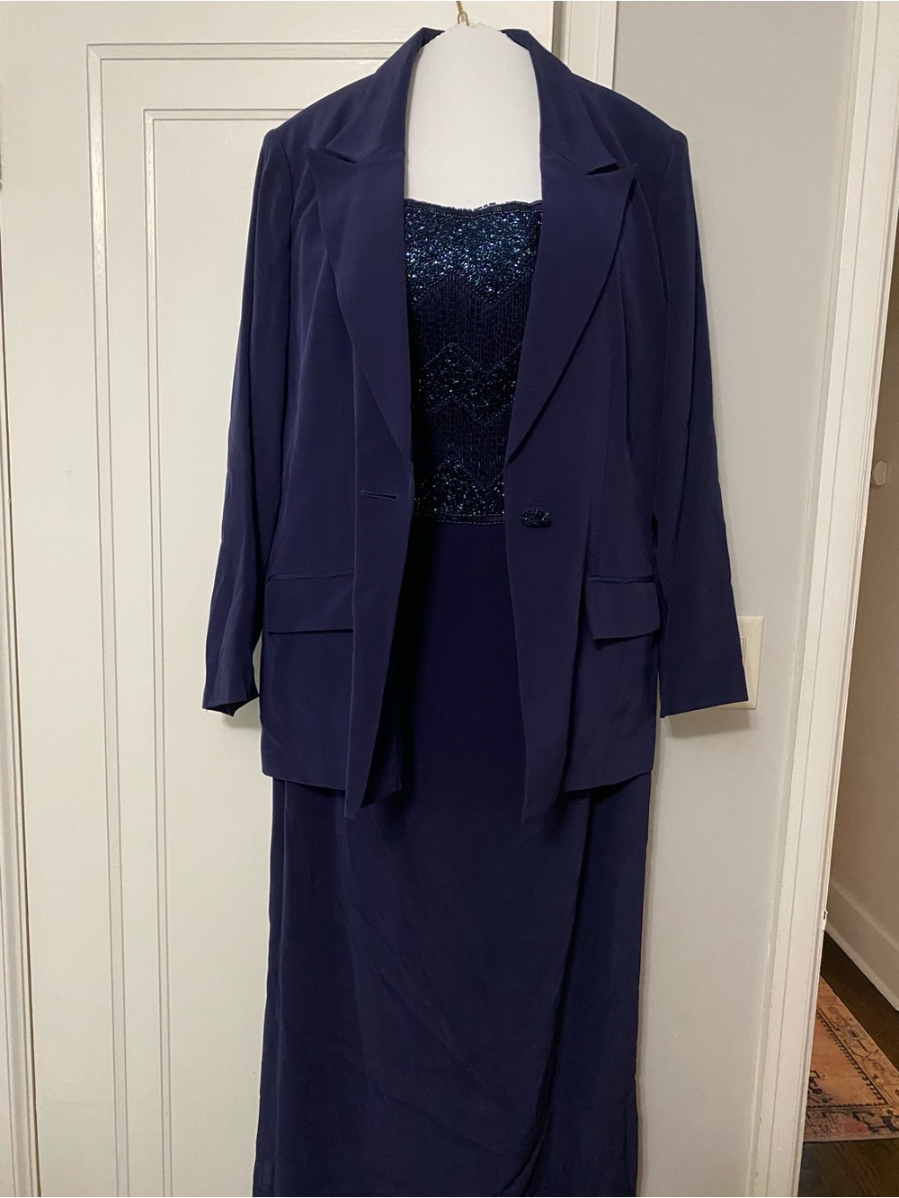 Elegant Navy Beaded Evening Dress with Matching Jacket